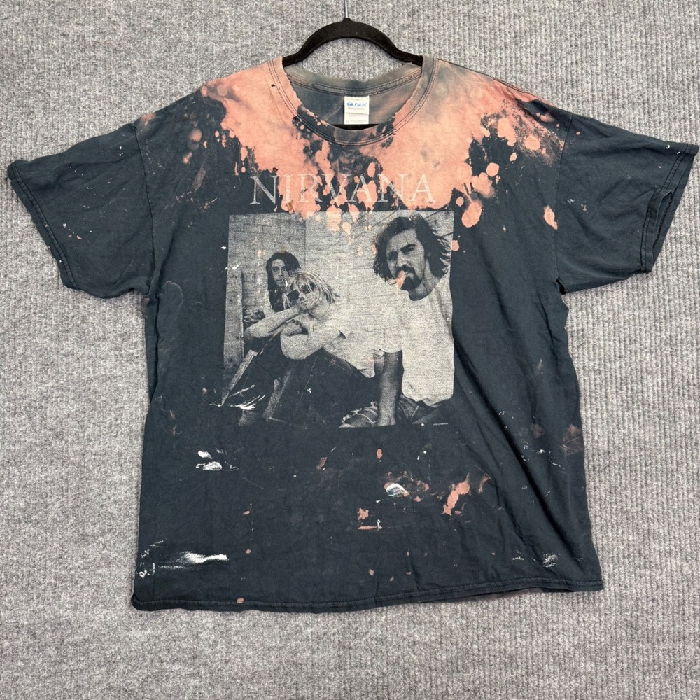 Nirvana Band T-Shirt Mens XL Black Bleach Distressed Gildan Heavy Cotton Grunge